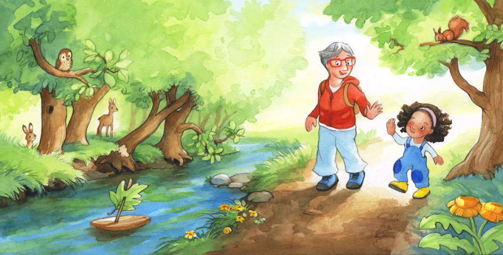 Illustration aus dem Buch Schwimm, kleines Boot. Man sieht Oma und Enkelin, wie sie im Wald spazieren gehen